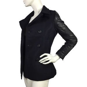 All Saints Zaskia Pea Coat Navy Wool Black Leather
Sleeves Double Breasted